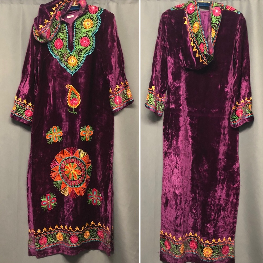 Vintage velvet hooded long dress✨70s bohemian